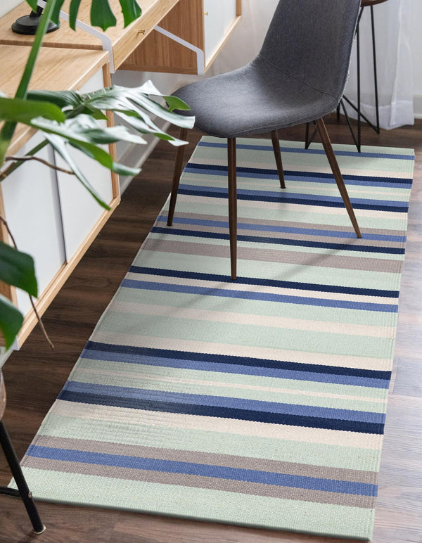 Coastal Stripe Dhurrie Collection Area Rug - Seashore Runner Aqua Blue and Gray  lifestyle 70