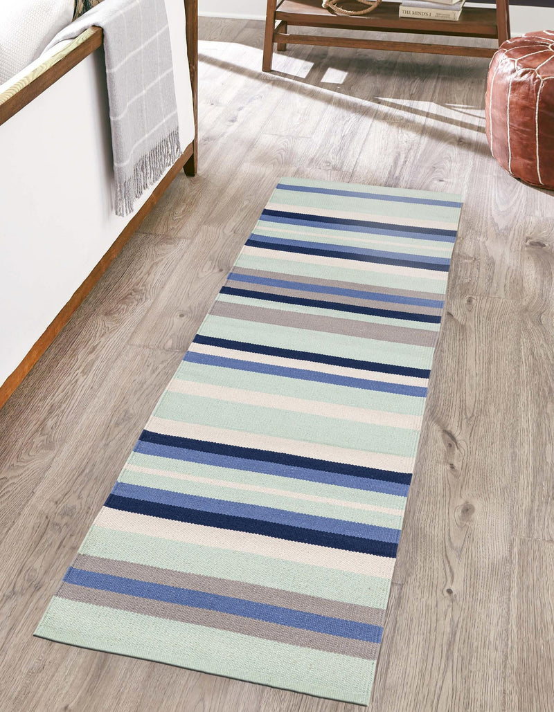 Coastal Stripe Dhurrie Collection Area Rug - Seashore Runner Aqua Blue and Gray  lifestyle 74