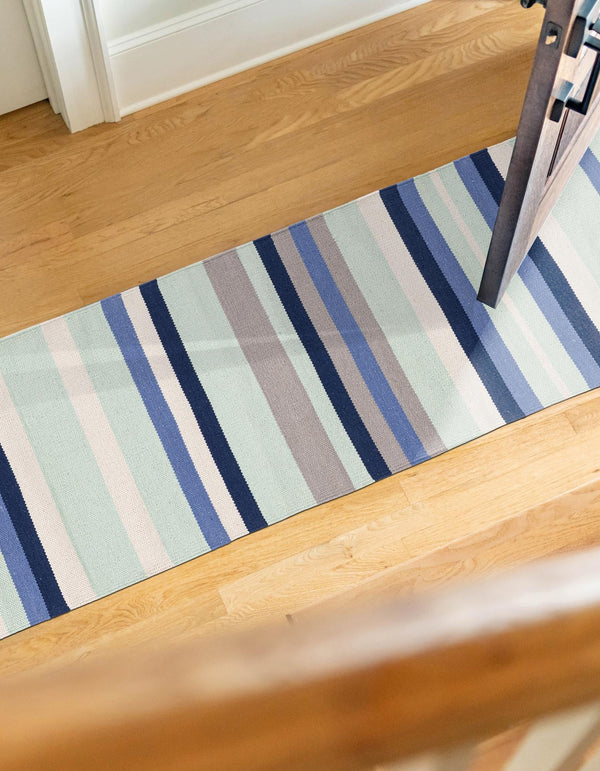 Coastal Stripe Dhurrie Collection Area Rug - Seashore Runner Aqua Blue and Gray  lifestyle 78