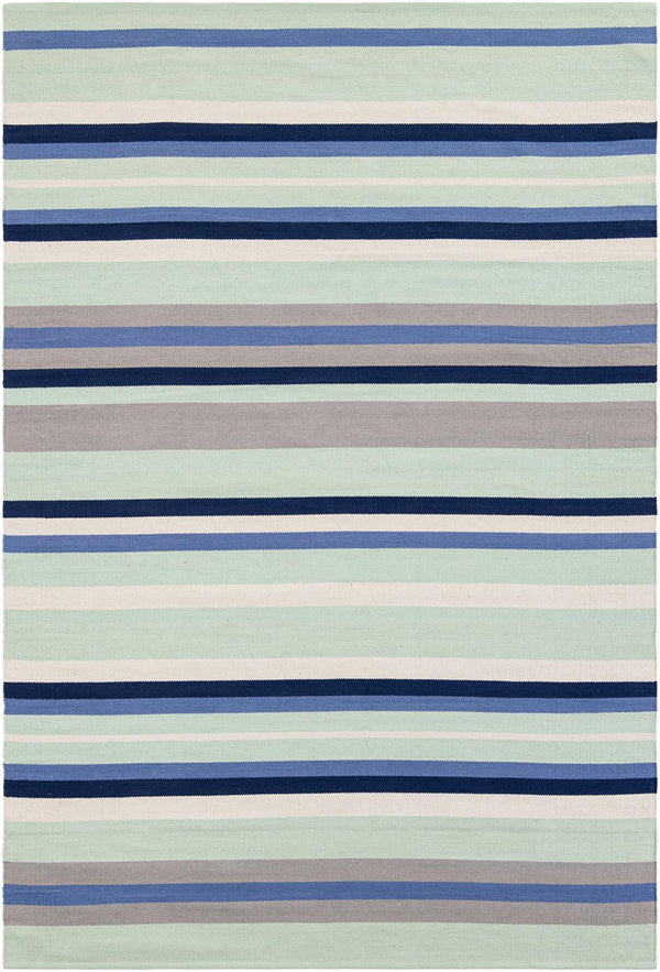 Coastal Stripe Dhurrie Collection Area Rug - Seashore Rectangle Aqua Blue and Gray  lifestyle 2