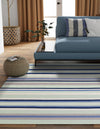 Coastal Stripe Dhurrie Collection Area Rug - Seashore Square Aqua Blue and Gray  lifestyle 49