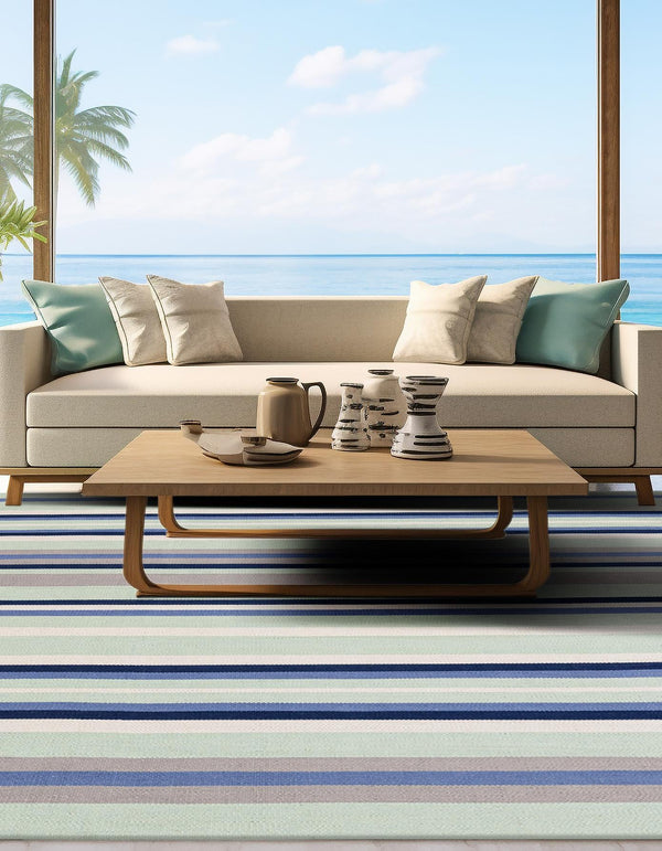 Coastal Stripe Dhurrie Collection Area Rug - Seashore Square Aqua Blue and Gray  lifestyle 53