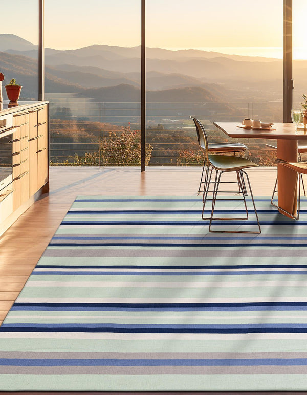 Coastal Stripe Dhurrie Collection Area Rug - Seashore Square Aqua Blue and Gray  lifestyle 61