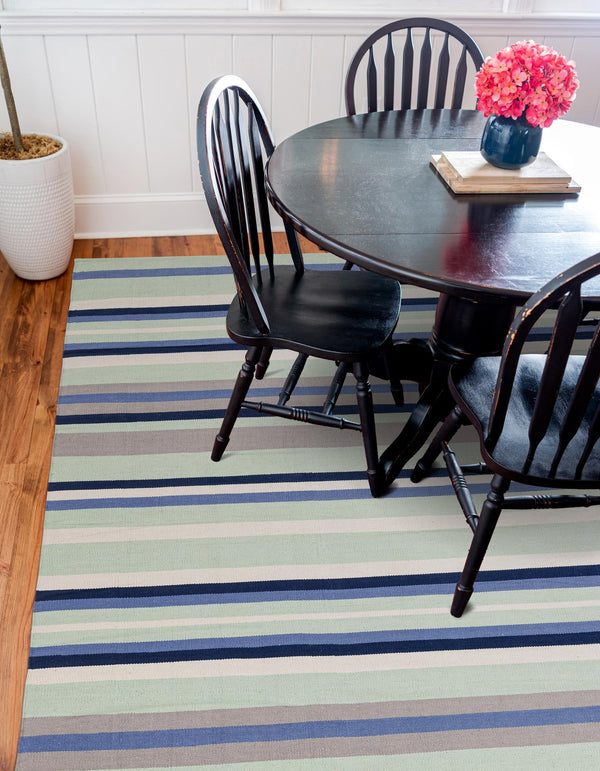 Coastal Stripe Dhurrie Collection Area Rug - Seashore Square Aqua Blue and Gray  lifestyle 65