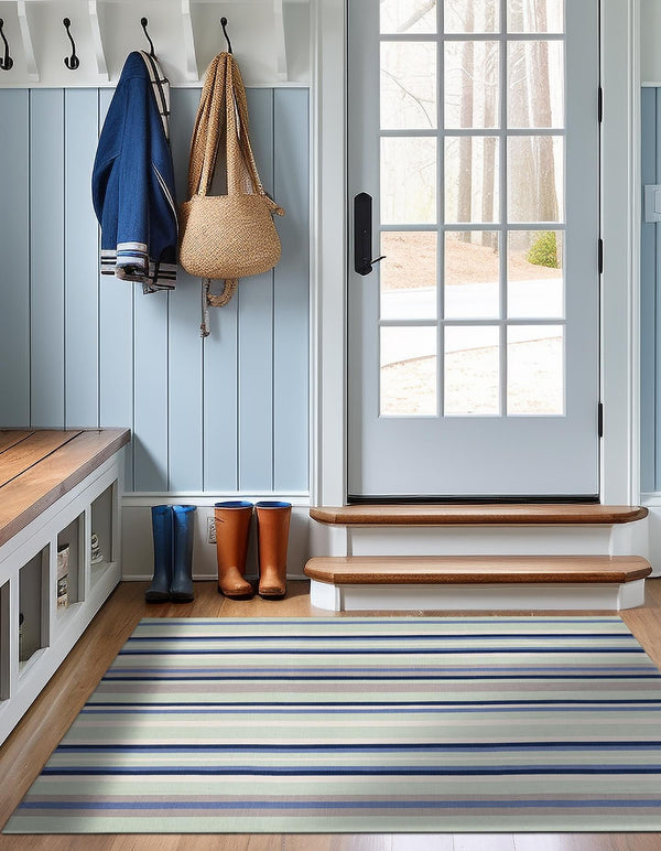 Coastal Stripe Dhurrie Collection Area Rug - Seashore Square Aqua Blue and Gray  lifestyle 69