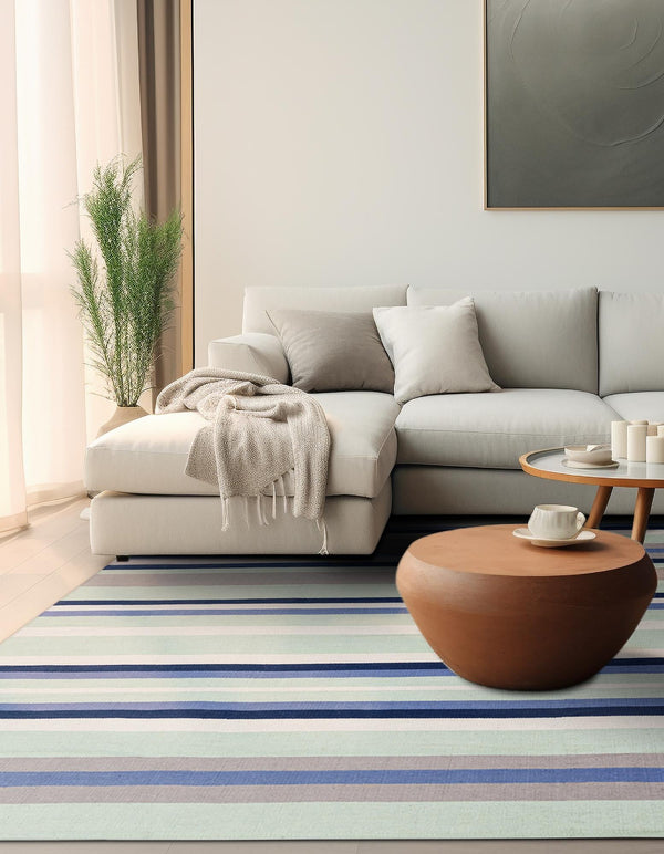 Coastal Stripe Dhurrie Collection Area Rug - Seashore Square Aqua Blue and Gray  lifestyle 77