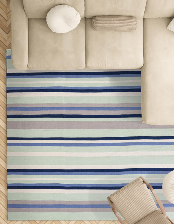 Coastal Stripe Dhurrie Collection Area Rug - Seashore Square Aqua Blue and Gray  lifestyle 125
