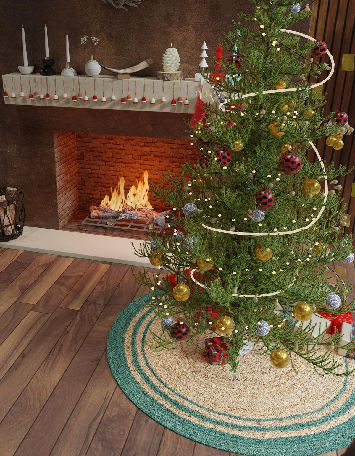 Holiday Hearth Rugs Collection Area Rug - Yuletide Round Natural and Green  lifestyle 11