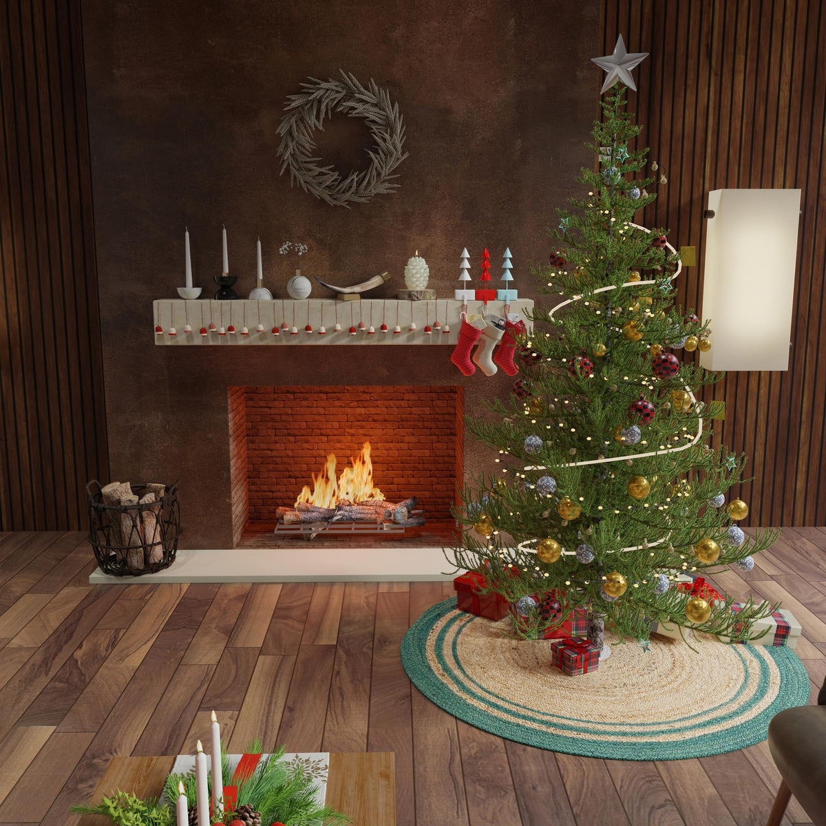 Holiday Hearth Rugs Collection Area Rug - Yuletide Round Natural and Green  lifestyle 63