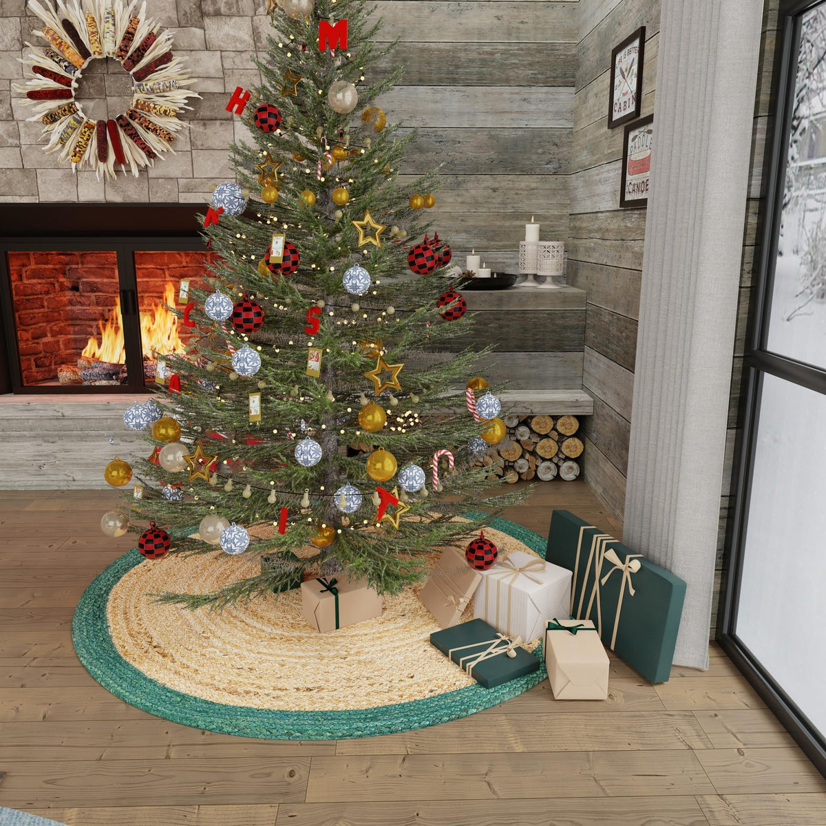 Holiday Hearth Rugs Collection Area Rug - Yuletide Round Green and Natural  lifestyle 80