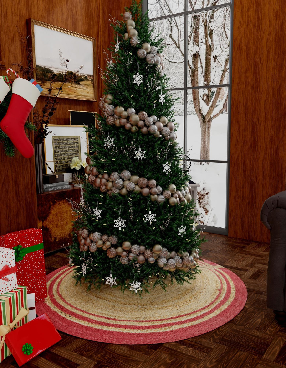 Holiday Hearth Rugs Collection Area Rug - Yuletide Round Natural and Red  lifestyle 5