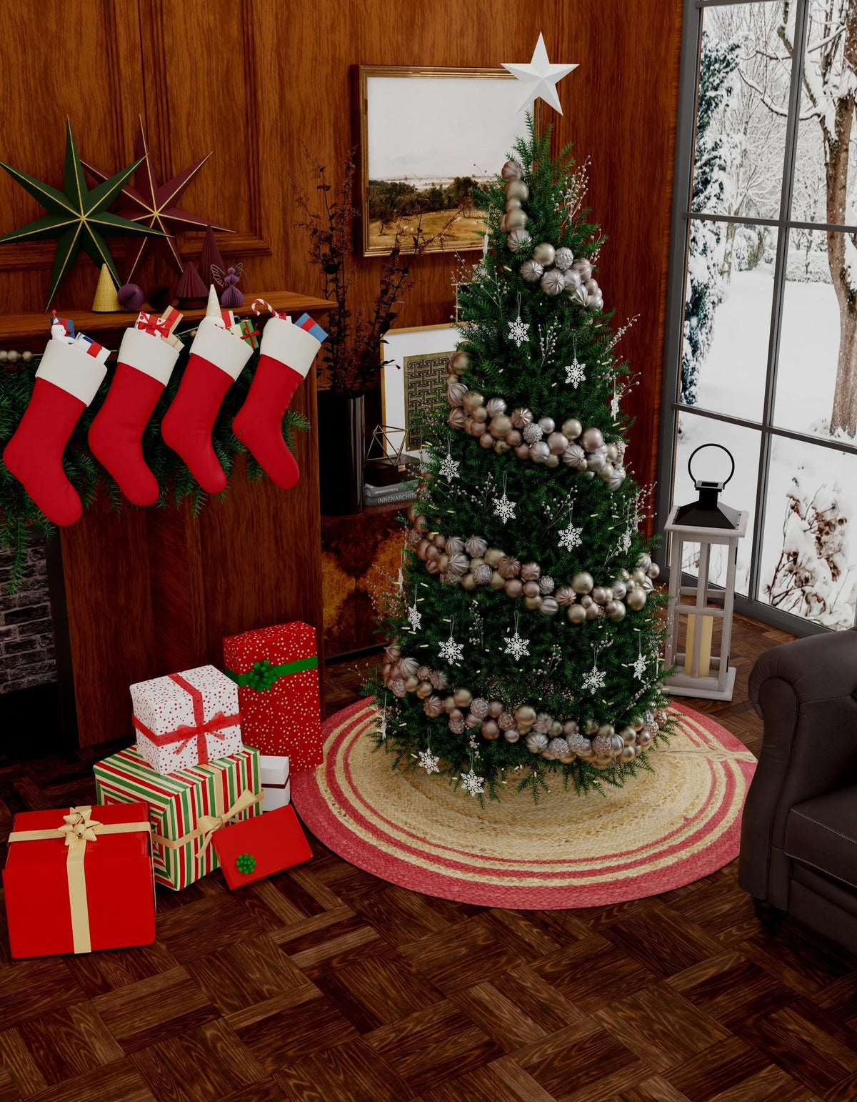 Holiday Hearth Rugs Collection Area Rug - Yuletide Round Natural and Red  lifestyle 13