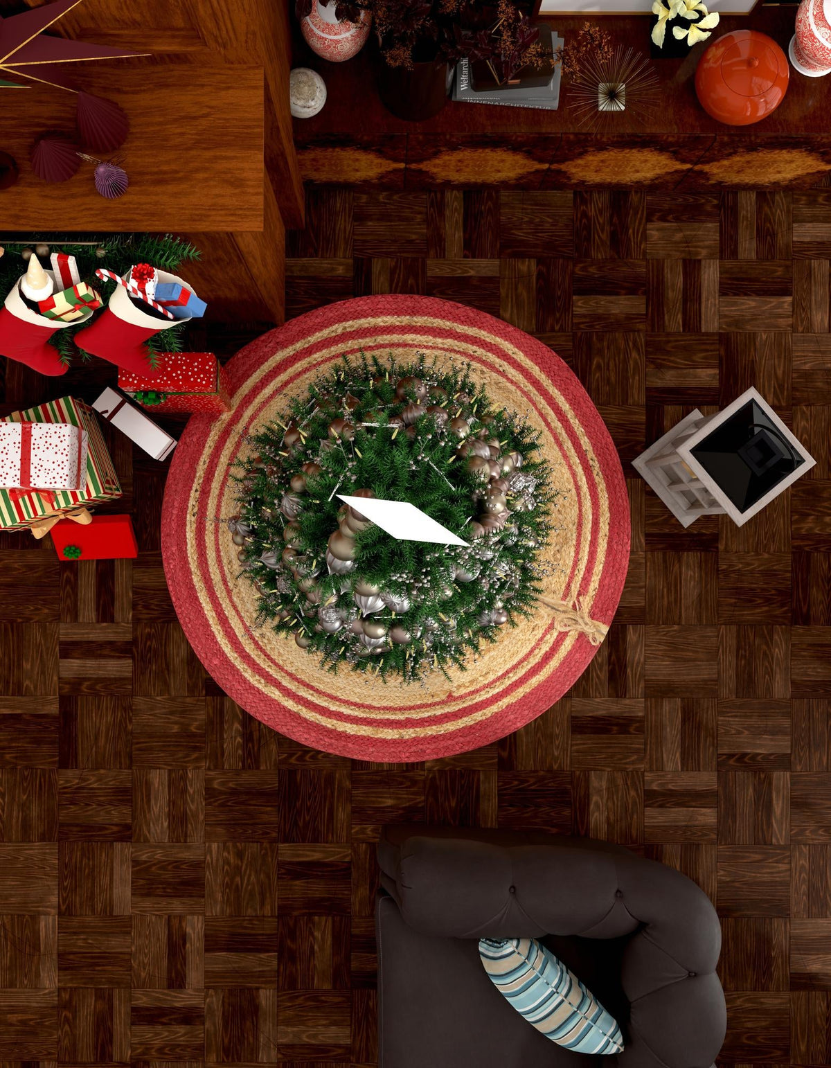 Holiday Hearth Rugs Collection Area Rug - Yuletide Round Natural and Red  lifestyle 47