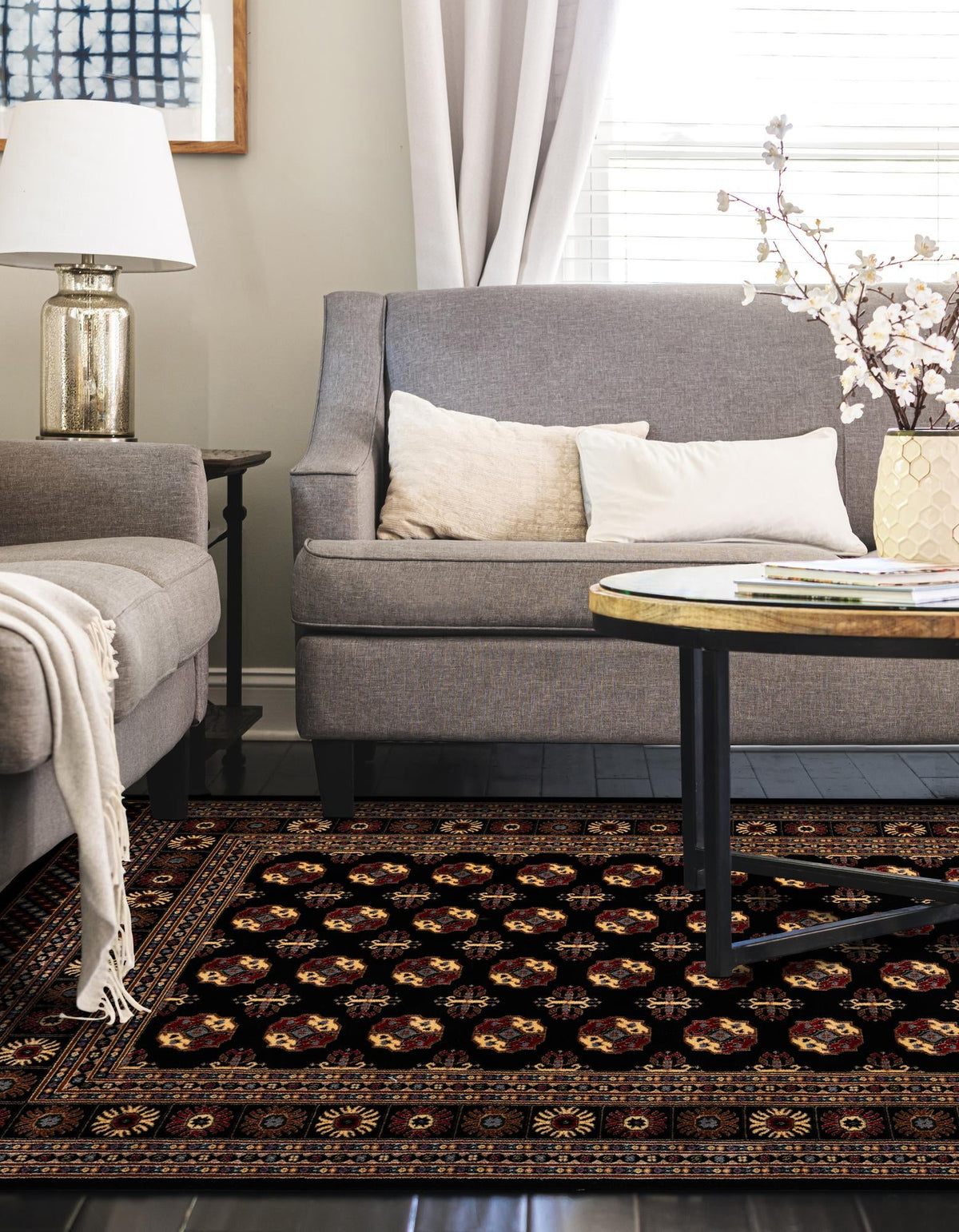 Samarkand Elegance Collection Area Rug -  Margilan (Black) Rectangle Black  lifestyle 10