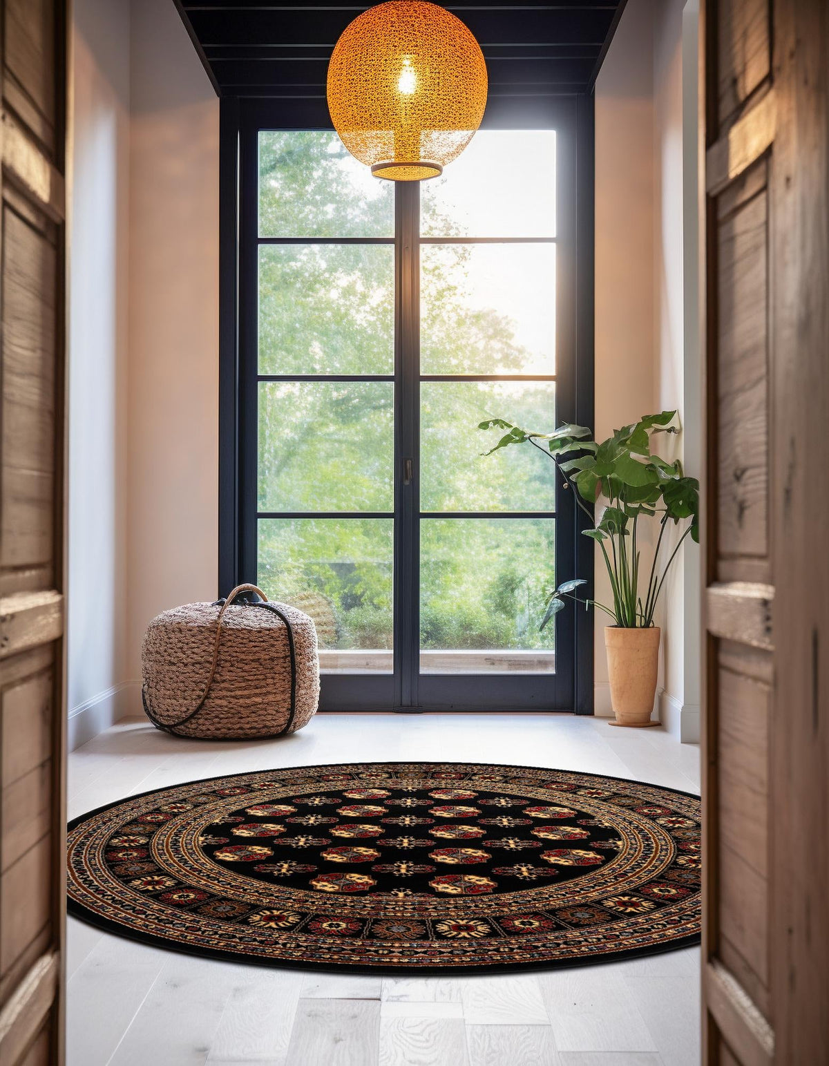 Samarkand Elegance Collection Area Rug -  Margilan (Black) Round Black  lifestyle 52