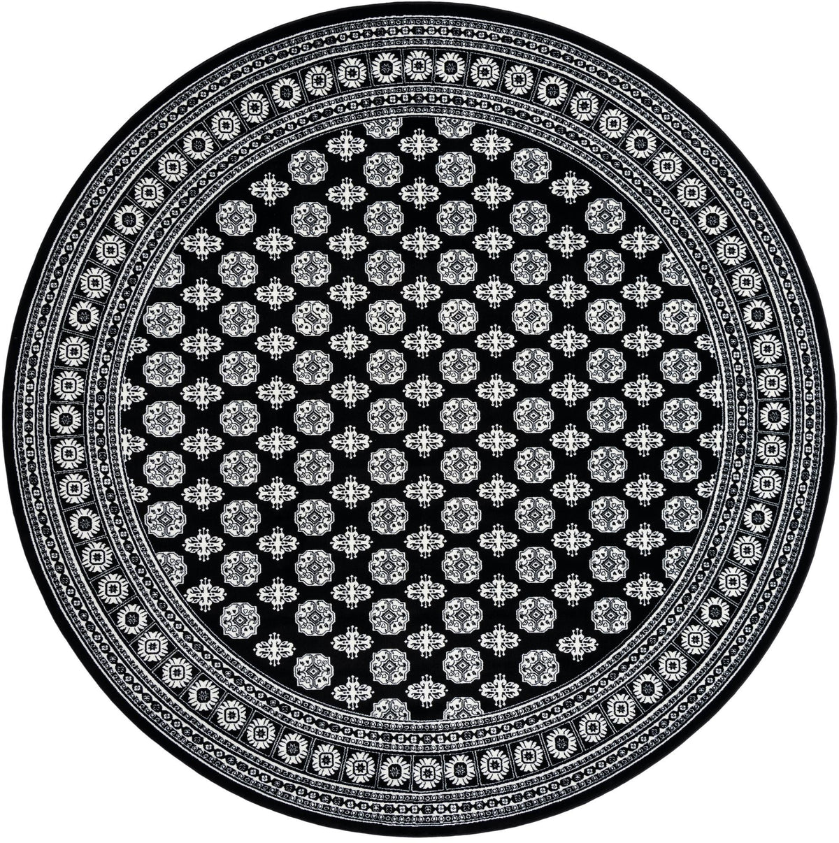 Samarkand Elegance Collection Area Rug -  Margilan (Black and White) Round Black and White  lifestyle 42