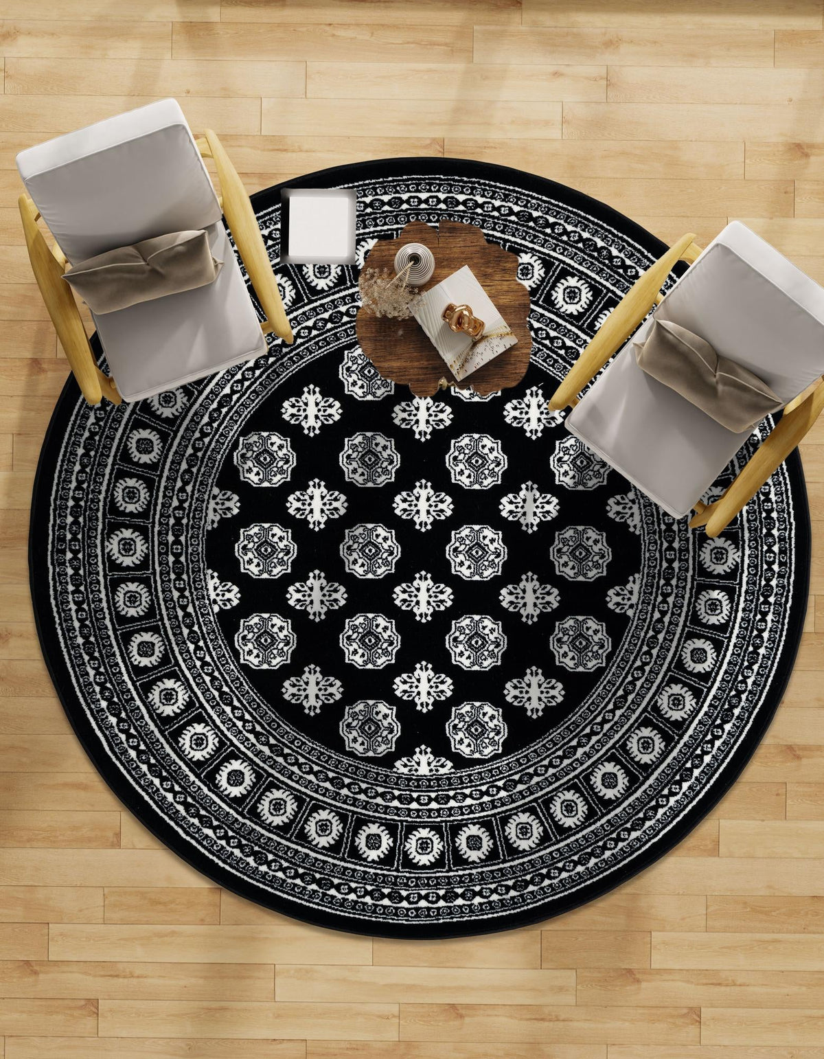 Samarkand Elegance Collection Area Rug -  Margilan (Black and White) Round Black and White  lifestyle 103