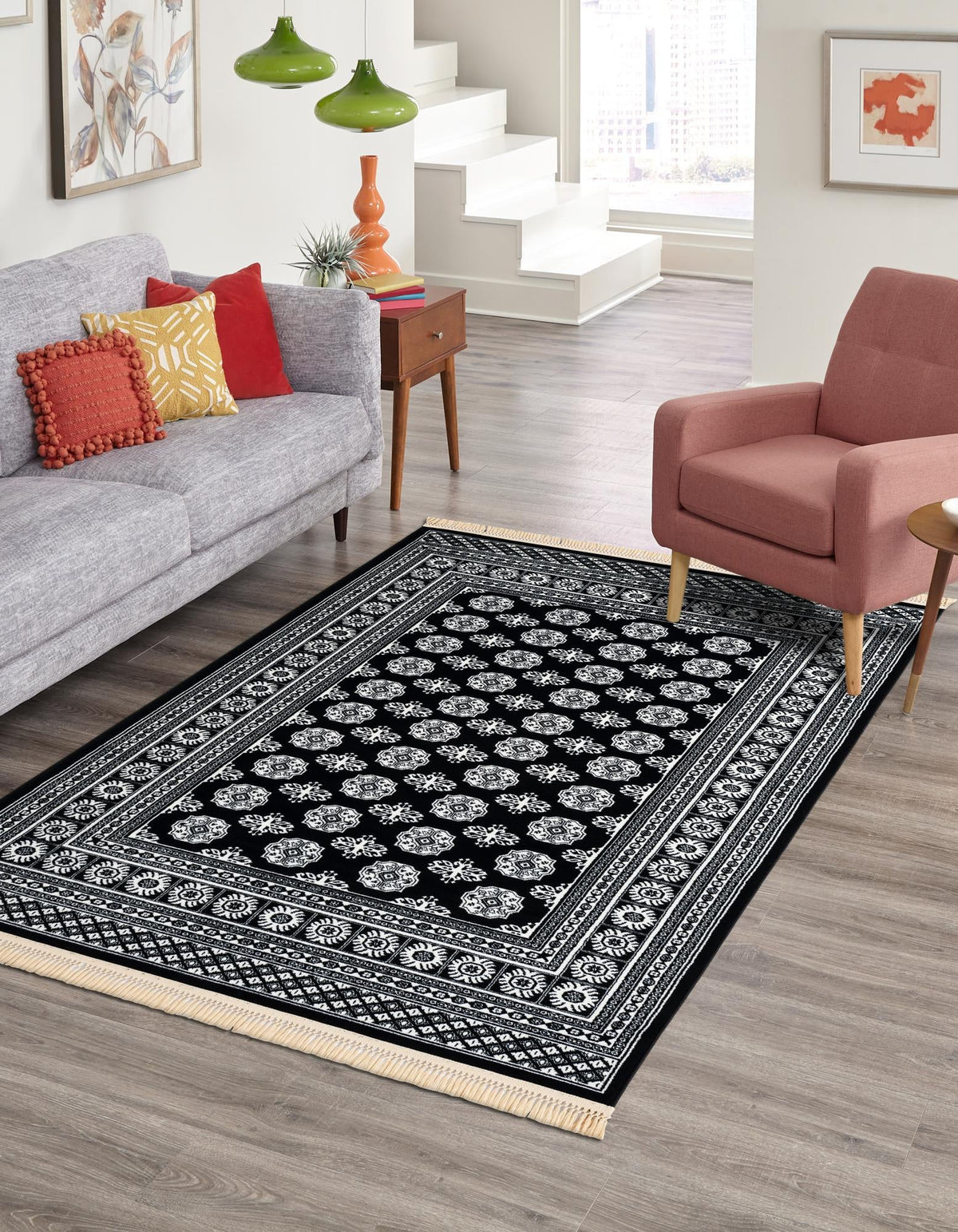 Samarkand Elegance Collection Area Rug -  Margilan (Black and White) Rectangle Black and White  lifestyle 3