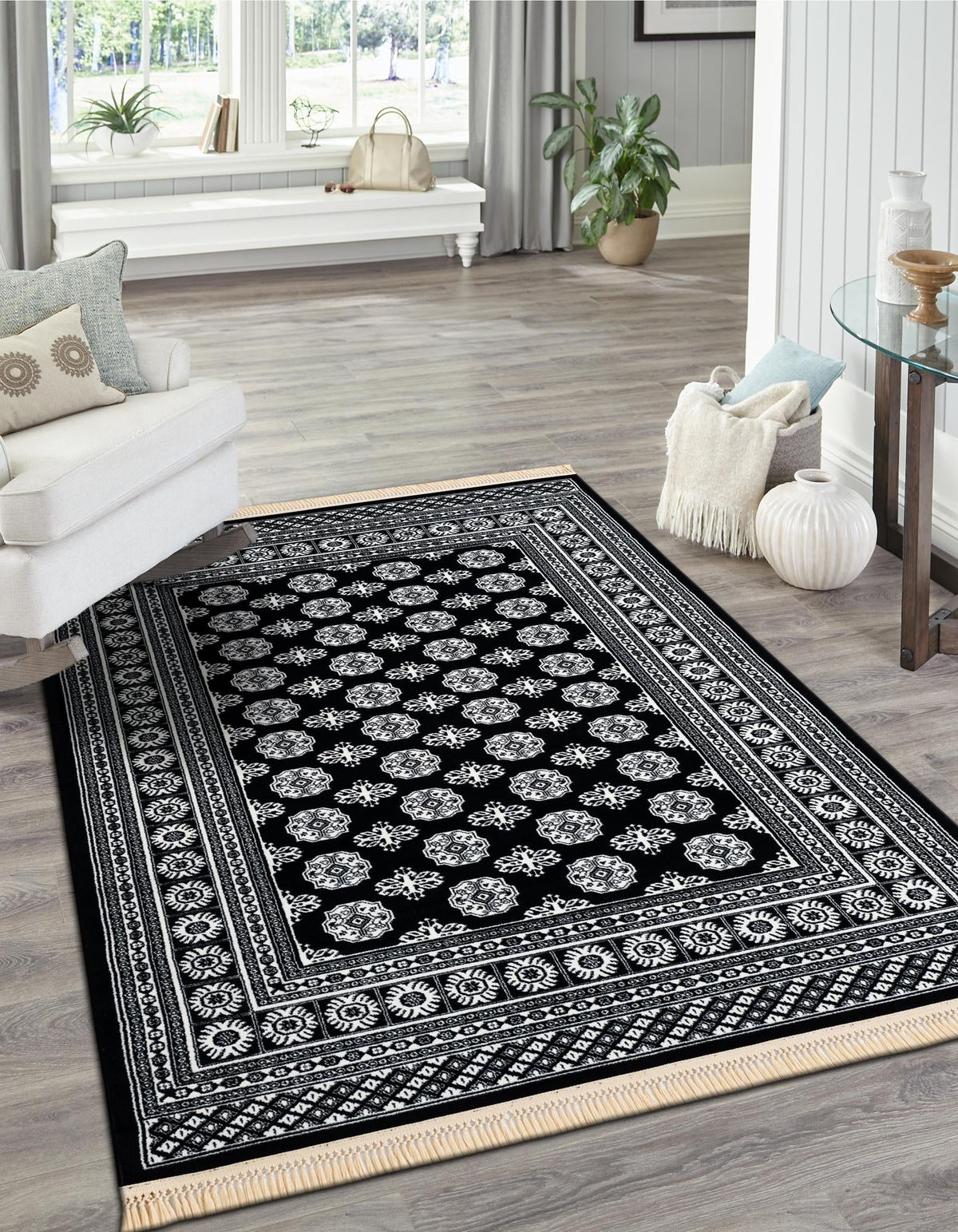 Samarkand Elegance Collection Area Rug -  Margilan (Black and White) Rectangle Black and White  lifestyle 15