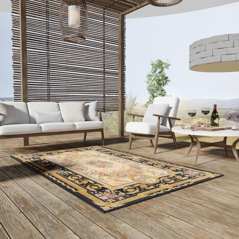 Patio Elegance Collection Area Rug -  Portico Rectangle Black and Ivory  lifestyle 50