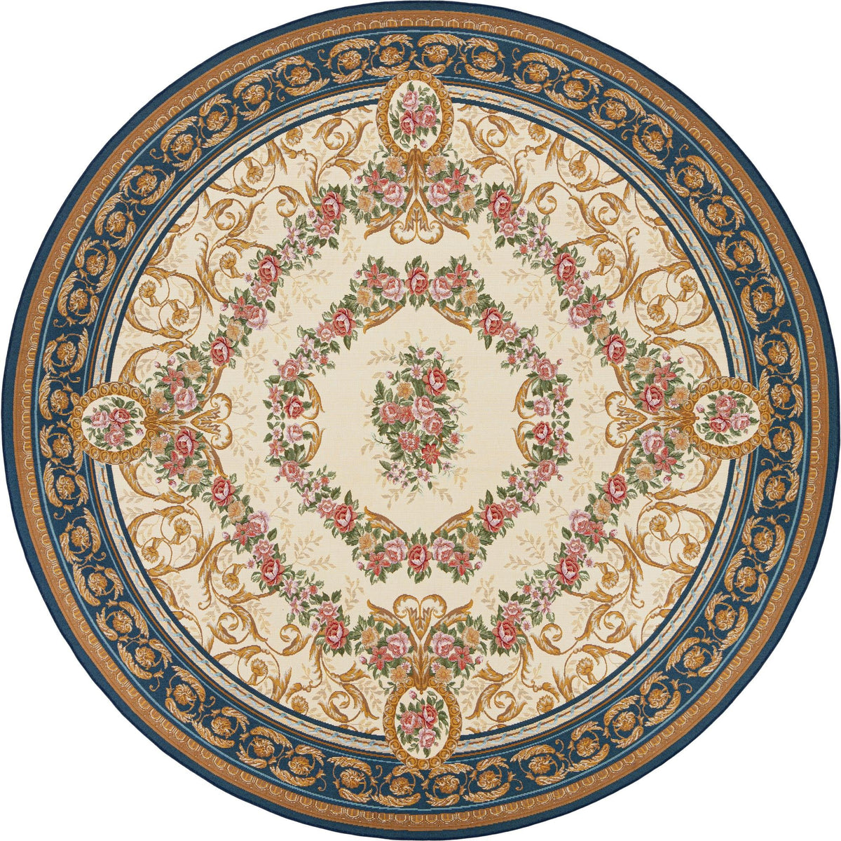 Patio Heritage Collection Area Rug -  Portico Round Ivory and Navy Blue  lifestyle 43