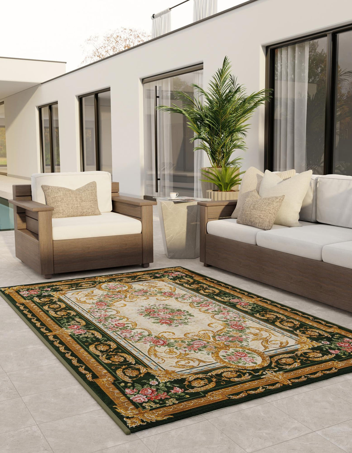 Patio Elegance Collection Area Rug -  Portico Rectangle Green and Ivory  lifestyle 13