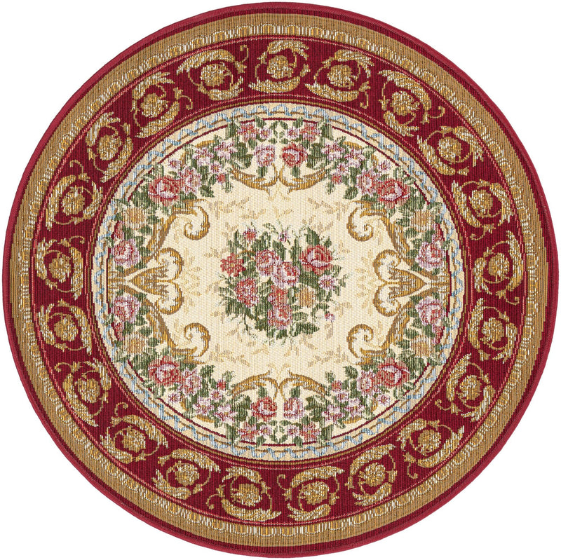 Patio Elegance Collection Area Rug -  Portico Round Burgundy Red and Ivory  lifestyle 63