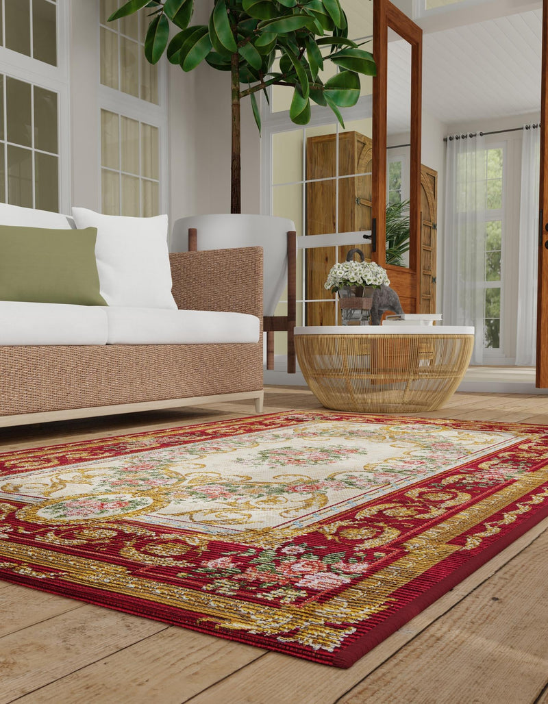 Patio Elegance Collection Area Rug -  Portico Rectangle Burgundy Red and Ivory  lifestyle 9
