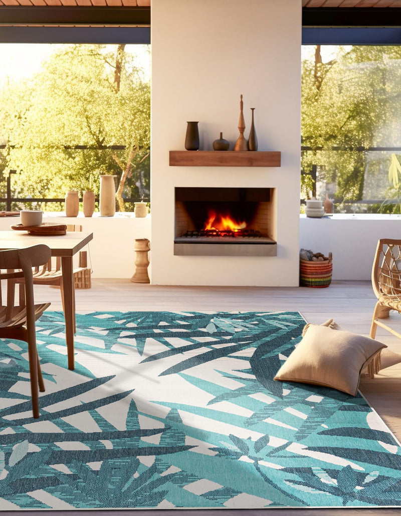 Seaside Blooms Collection Area Rug -  Provence Square Teal blue  lifestyle 14