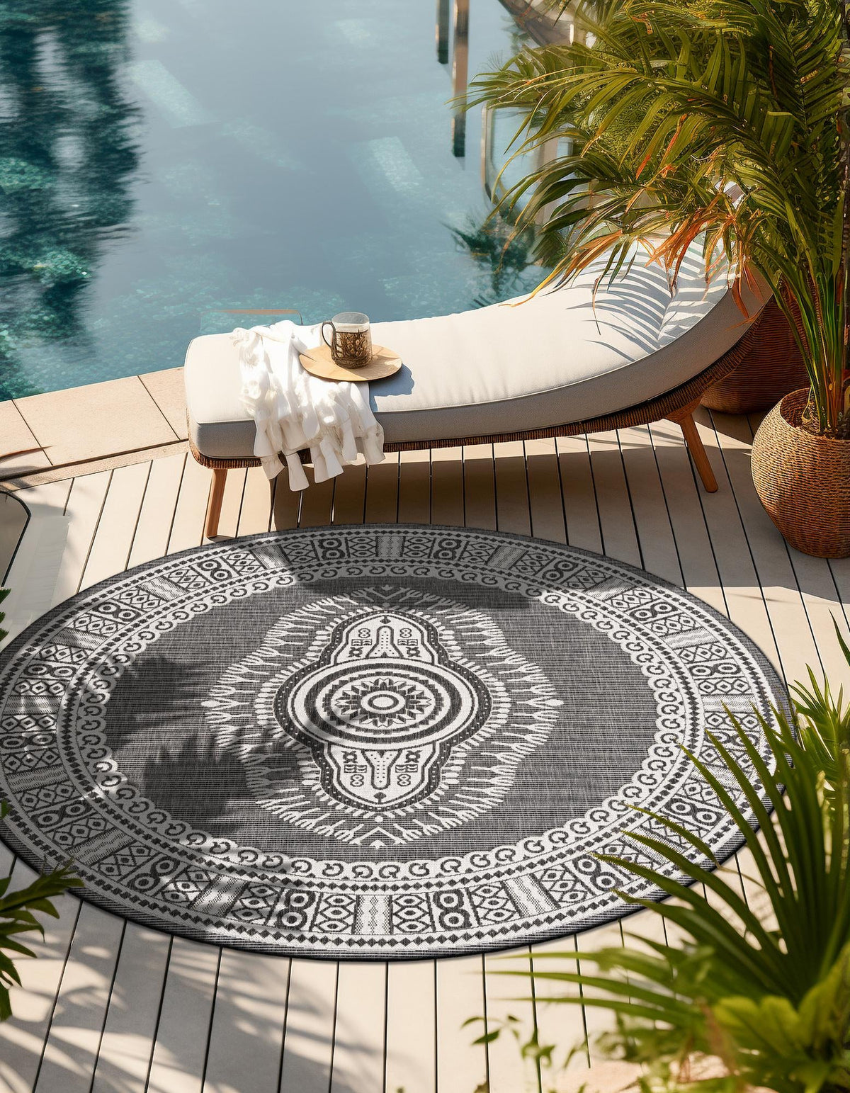 Patio Heritage Collection Area Rug -  Biloxi Round Black and White  lifestyle 129