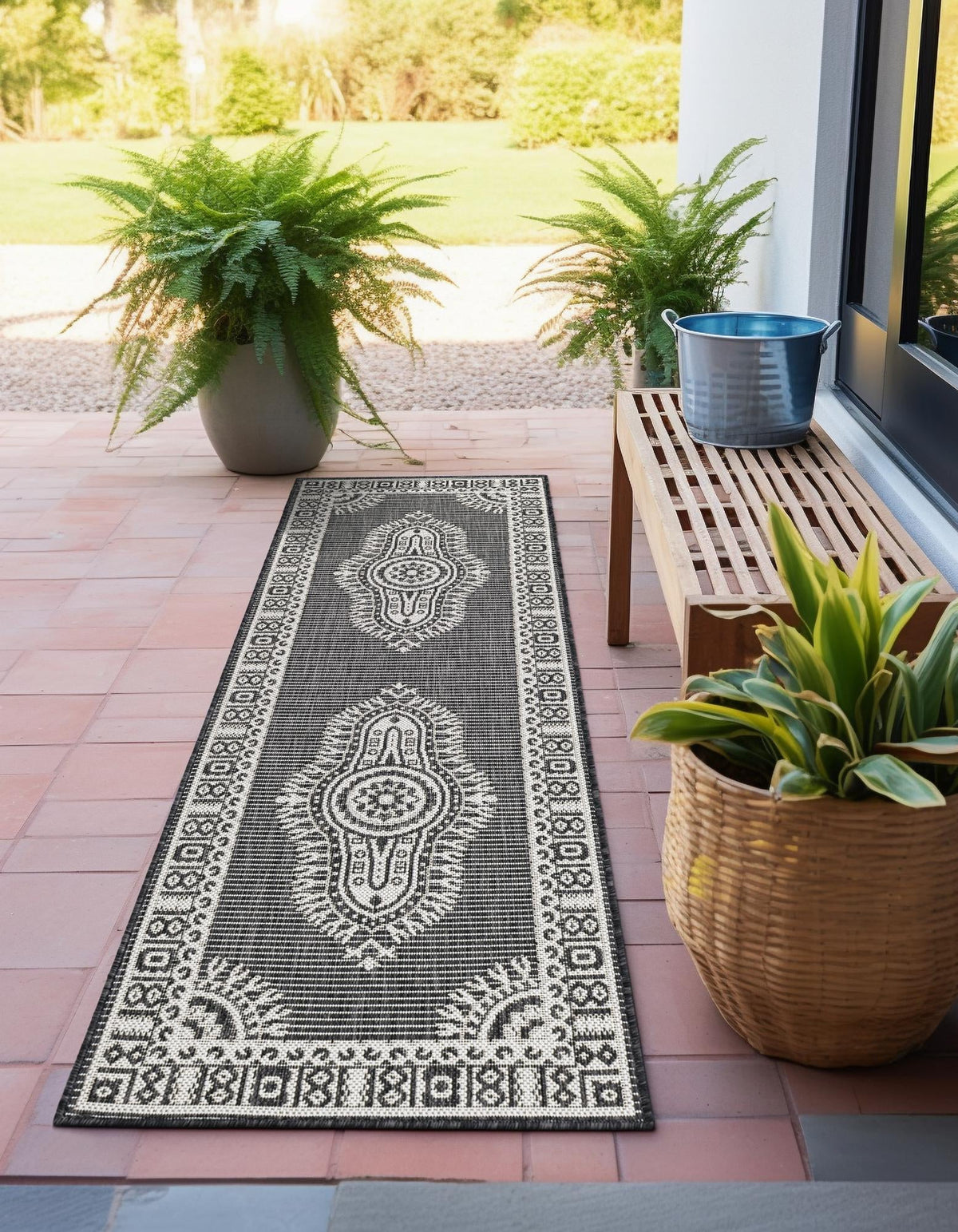 Patio Heritage Collection Area Rug -  Biloxi Runner Black and White  lifestyle 47
