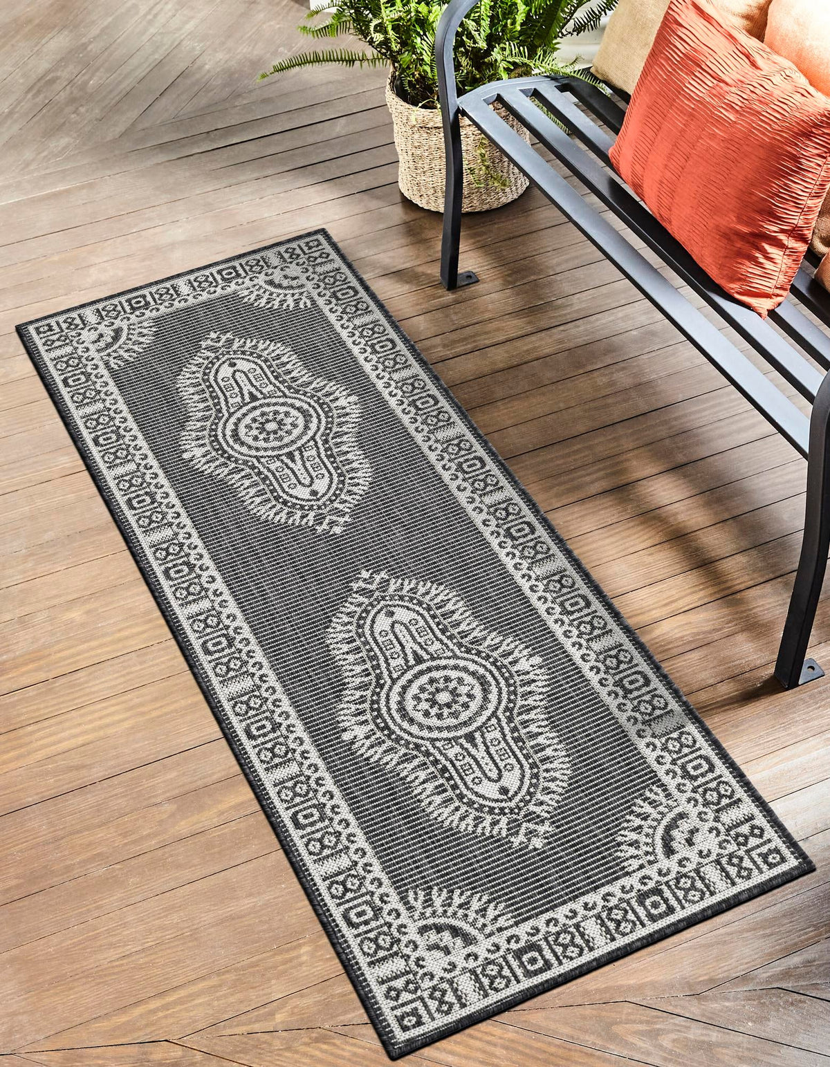 Patio Heritage Collection Area Rug -  Biloxi Runner Black and White  lifestyle 71