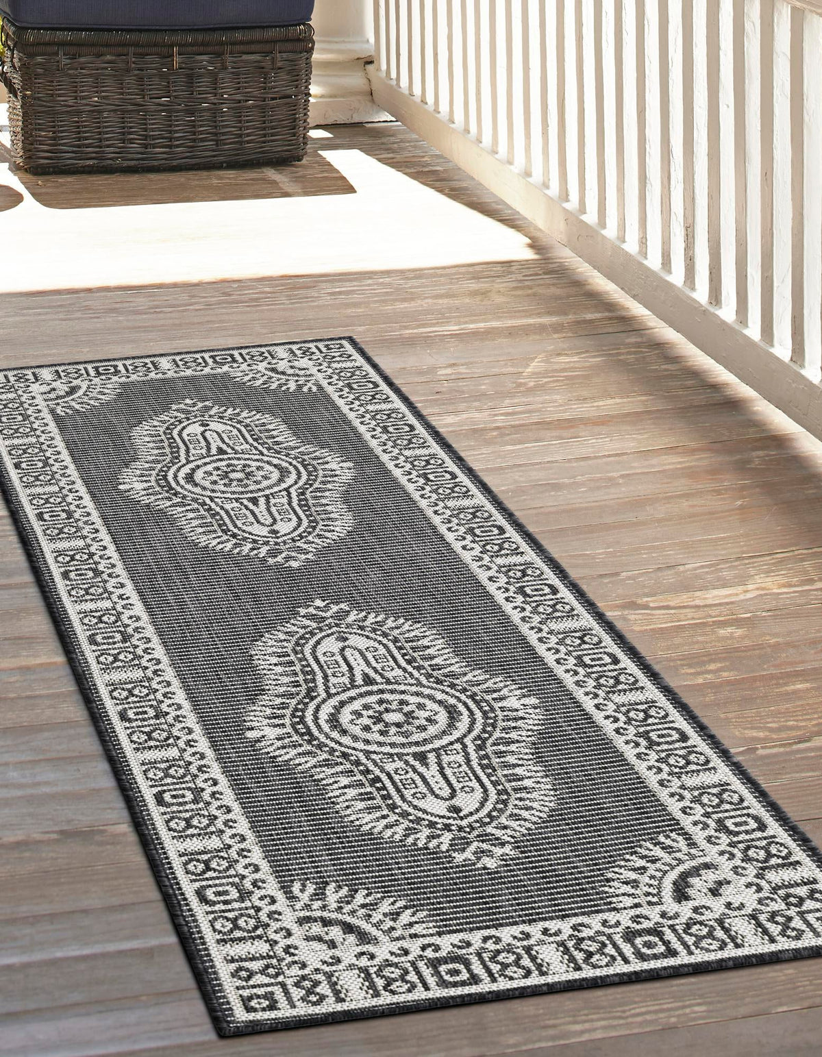 Patio Heritage Collection Area Rug -  Biloxi Runner Black and White  lifestyle 83