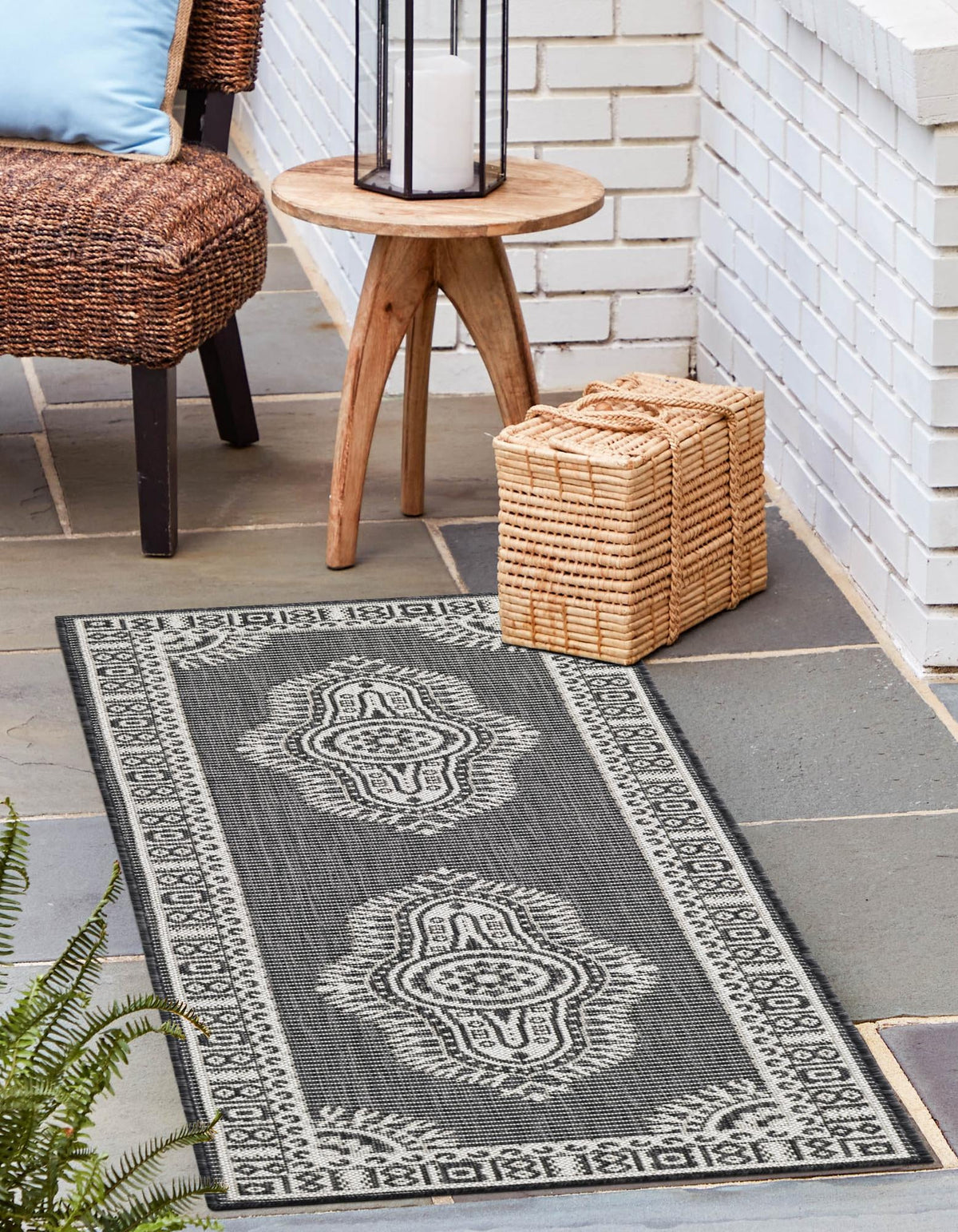Patio Heritage Collection Area Rug -  Biloxi Runner Black and White  lifestyle 95