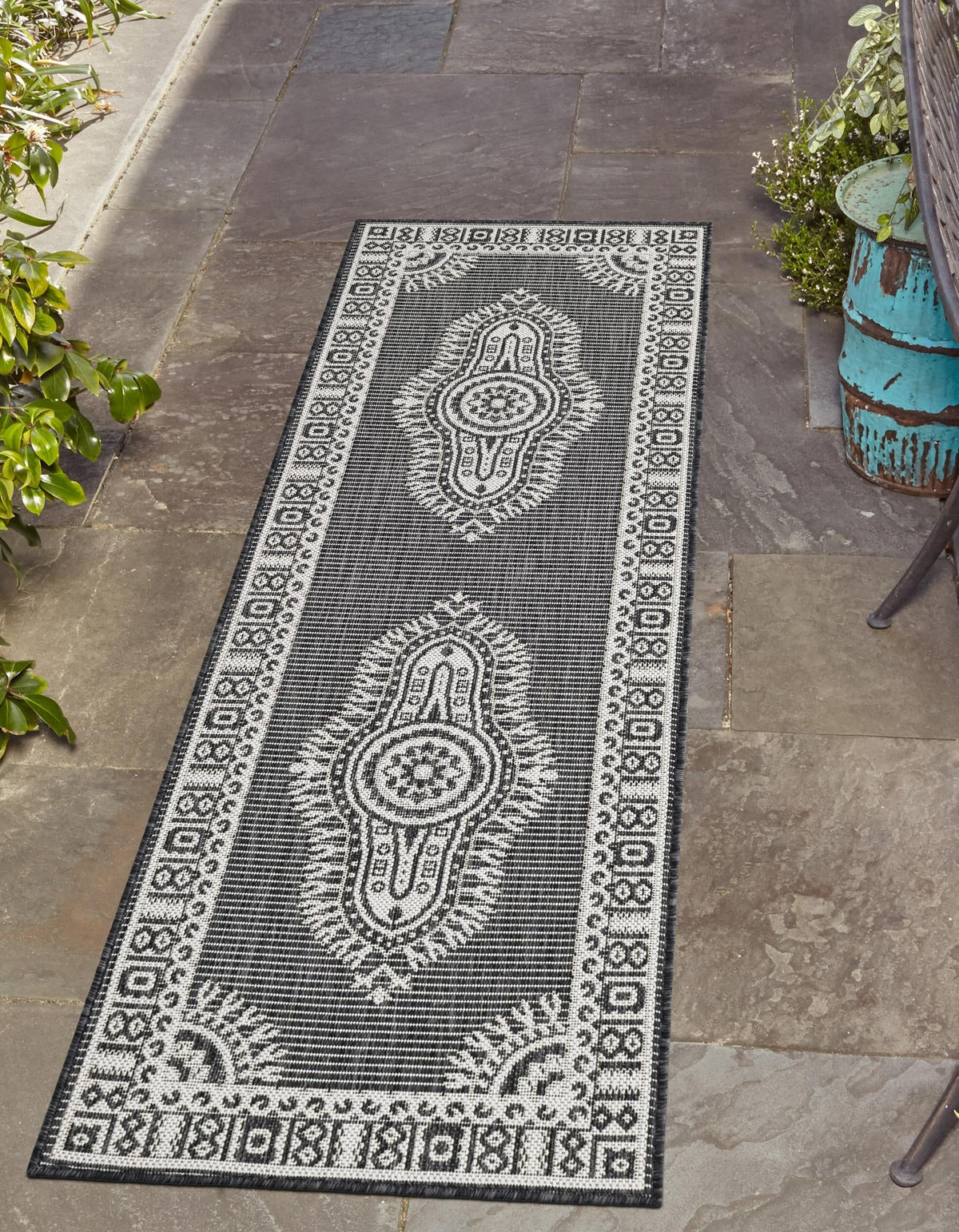 Patio Heritage Collection Area Rug -  Biloxi Runner Black and White  lifestyle 155