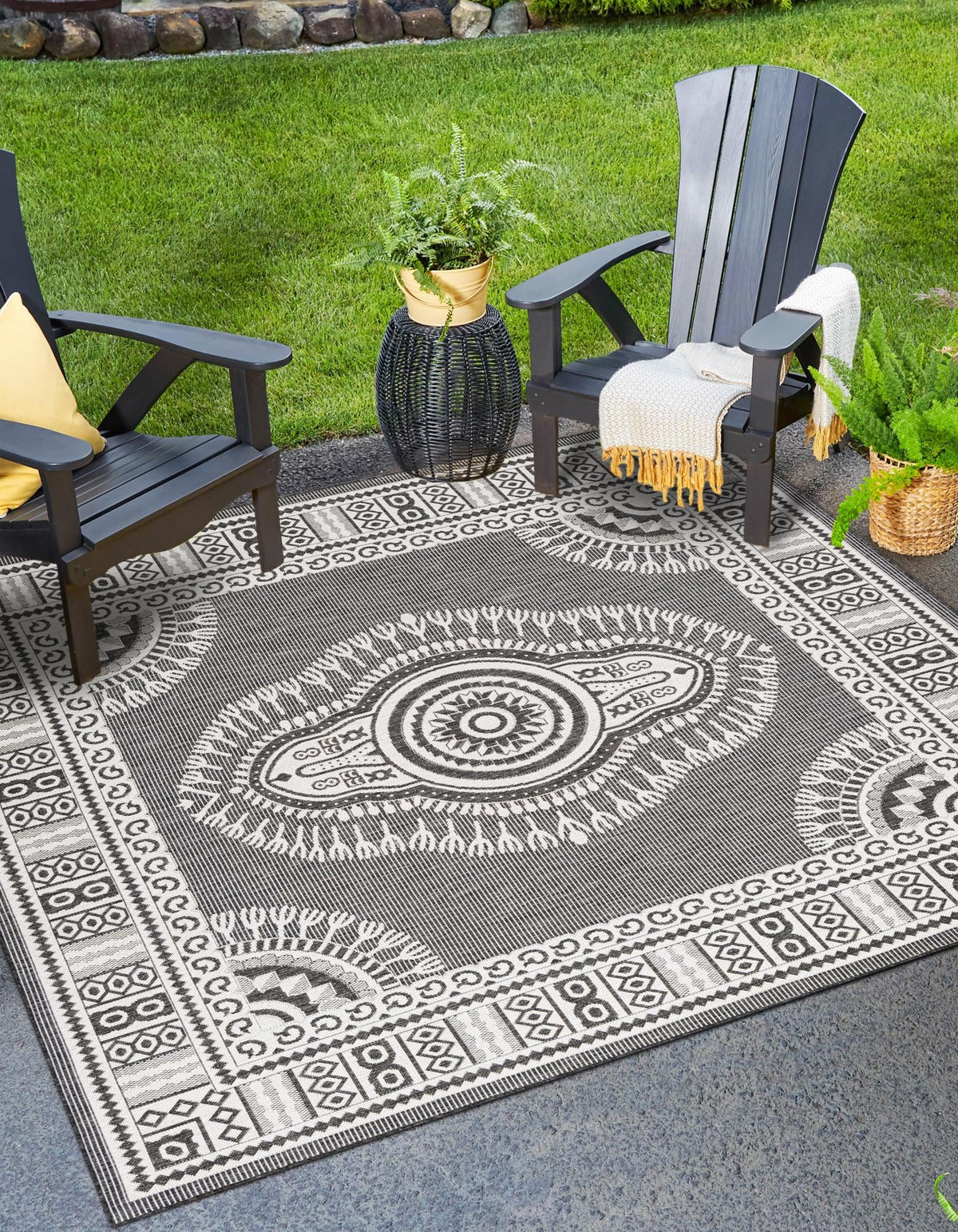 Patio Heritage Collection Area Rug -  Biloxi Square Black and White  lifestyle 46