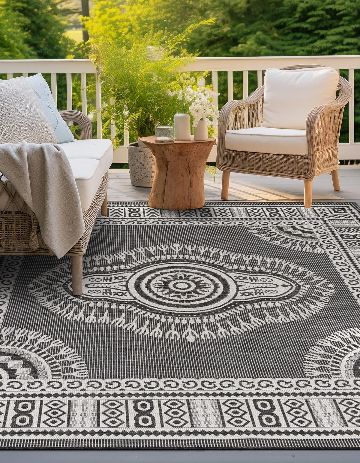 Patio Heritage Collection Area Rug -  Biloxi Square Black and White  lifestyle 70
