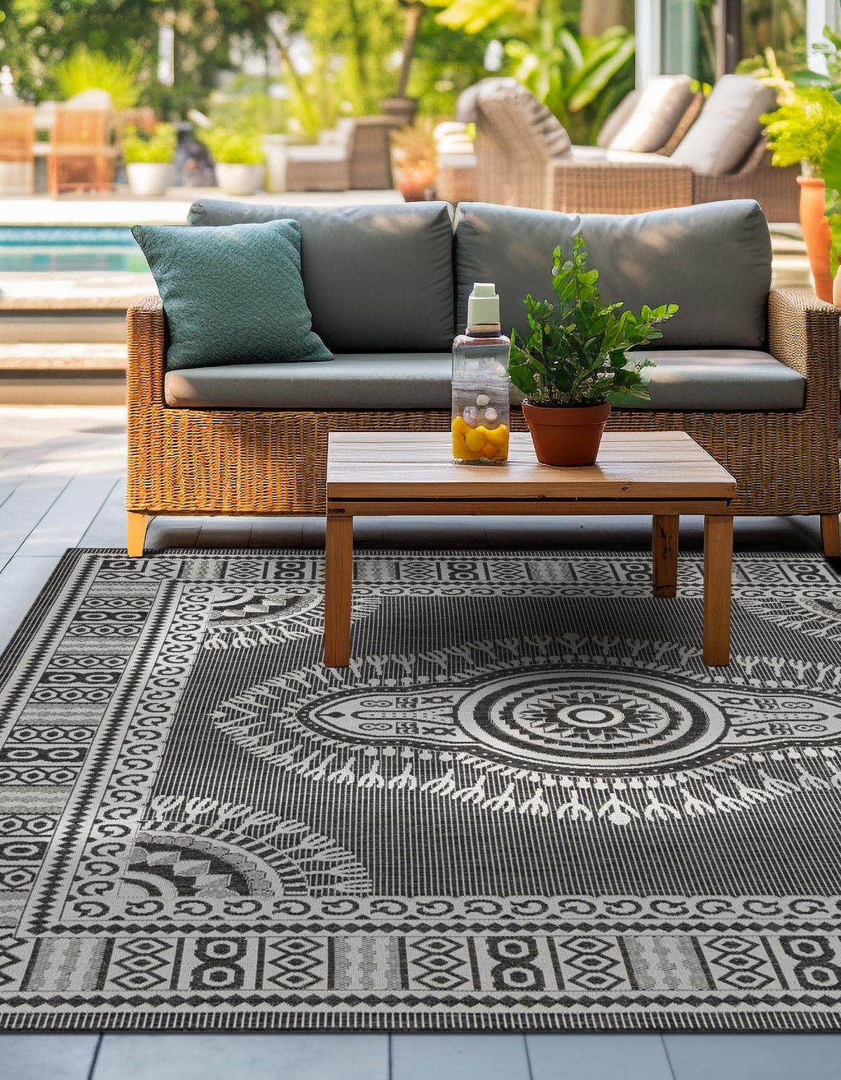 Patio Heritage Collection Area Rug -  Biloxi Square Black and White  lifestyle 94
