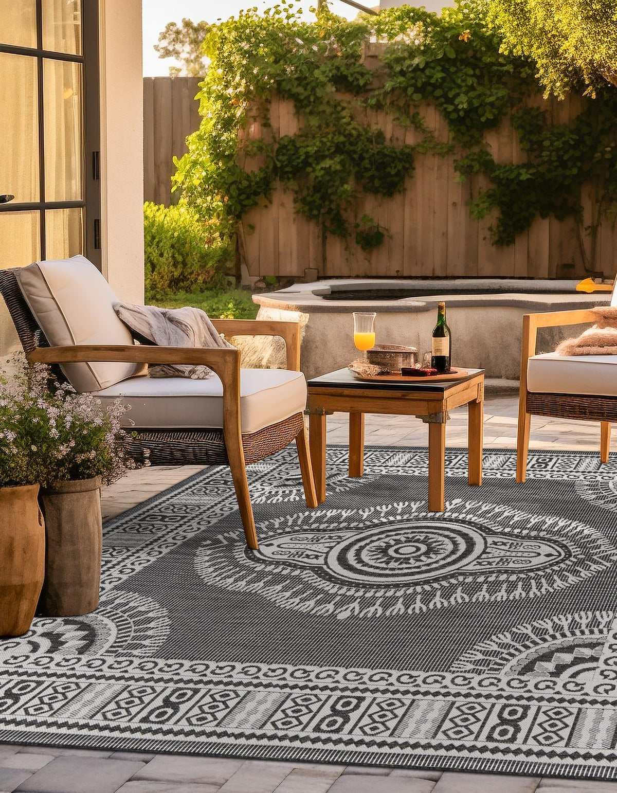 Patio Heritage Collection Area Rug -  Biloxi Square Black and White  lifestyle 118