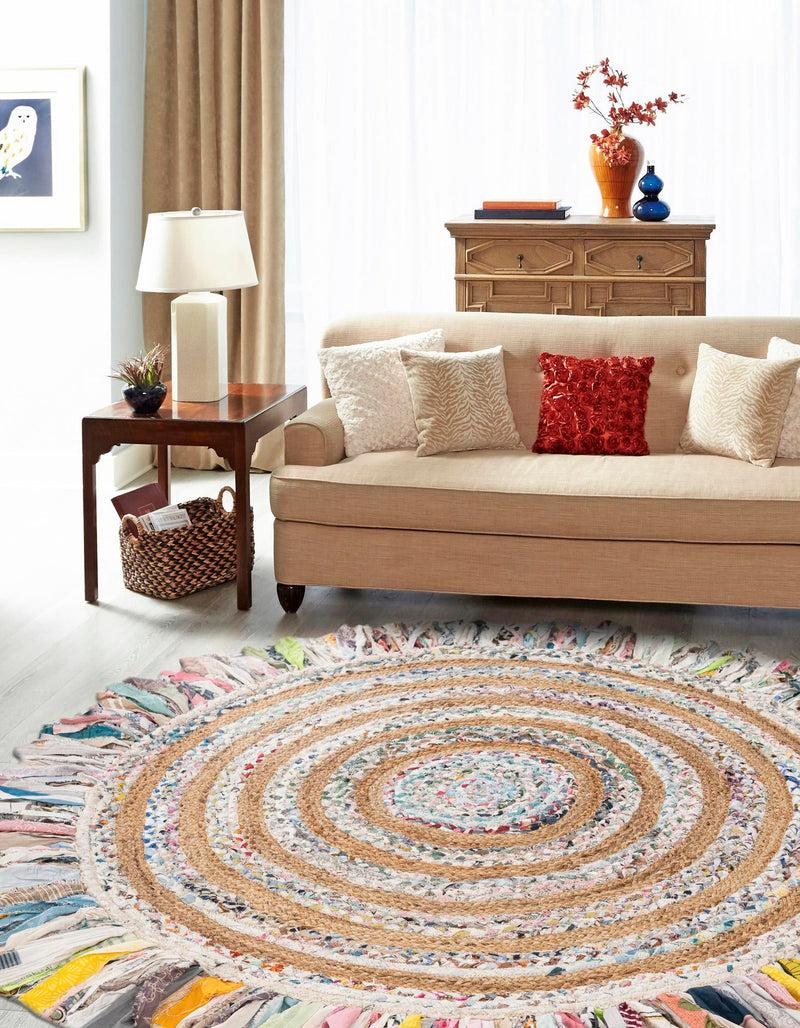 Osian Looms Collection Area Rug - Kathmandu Round Multi White  lifestyle 14