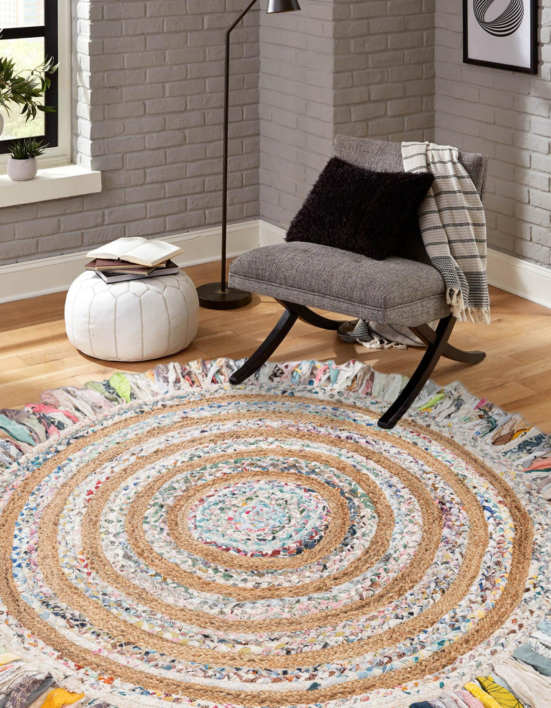 Osian Looms Collection Area Rug - Kathmandu Round Multi White  lifestyle 18