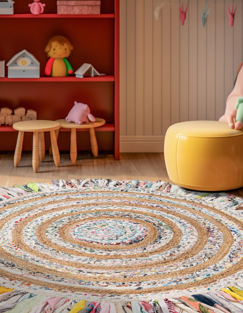 Osian Looms Collection Area Rug - Kathmandu Round Multi White  lifestyle 22