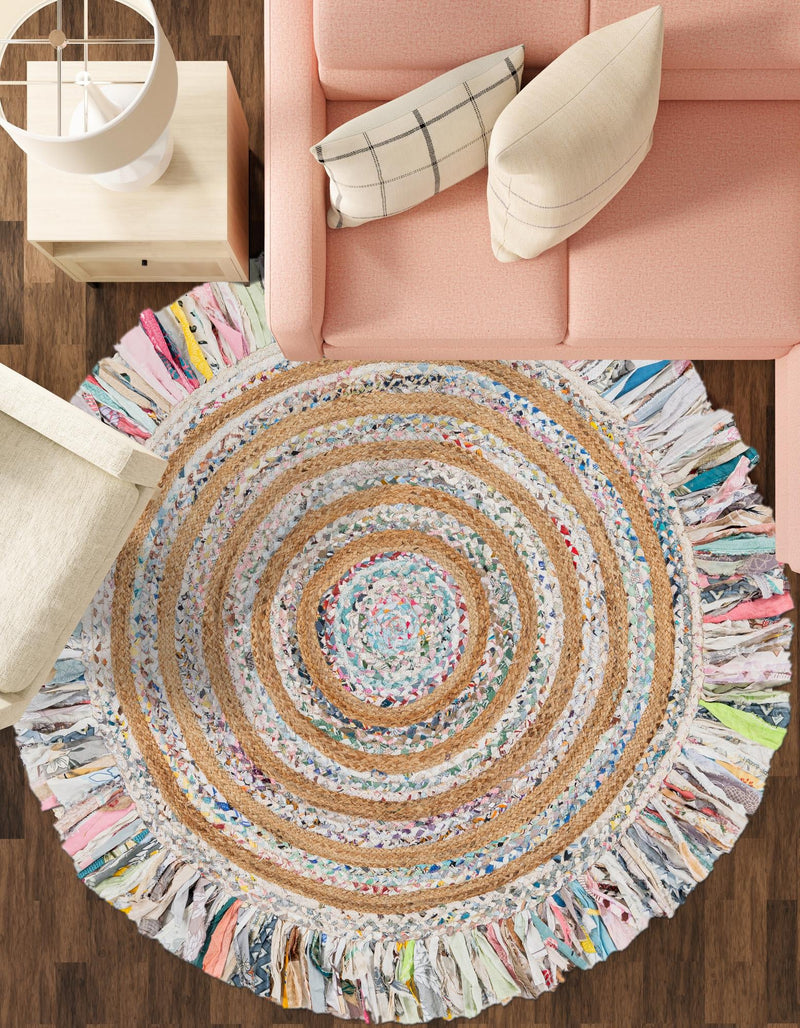Osian Looms Collection Area Rug - Kathmandu Round Multi White  lifestyle 38