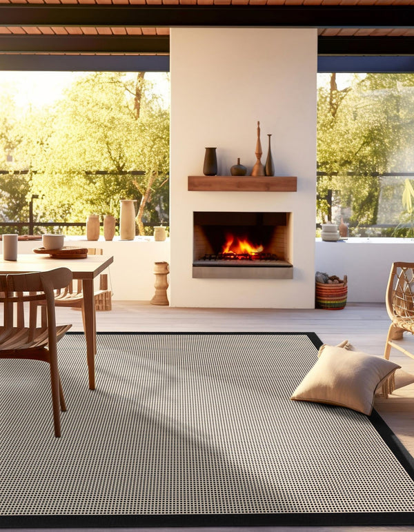 Terrace Fringe Collection Area Rug - Oceanside Square Black  lifestyle 72