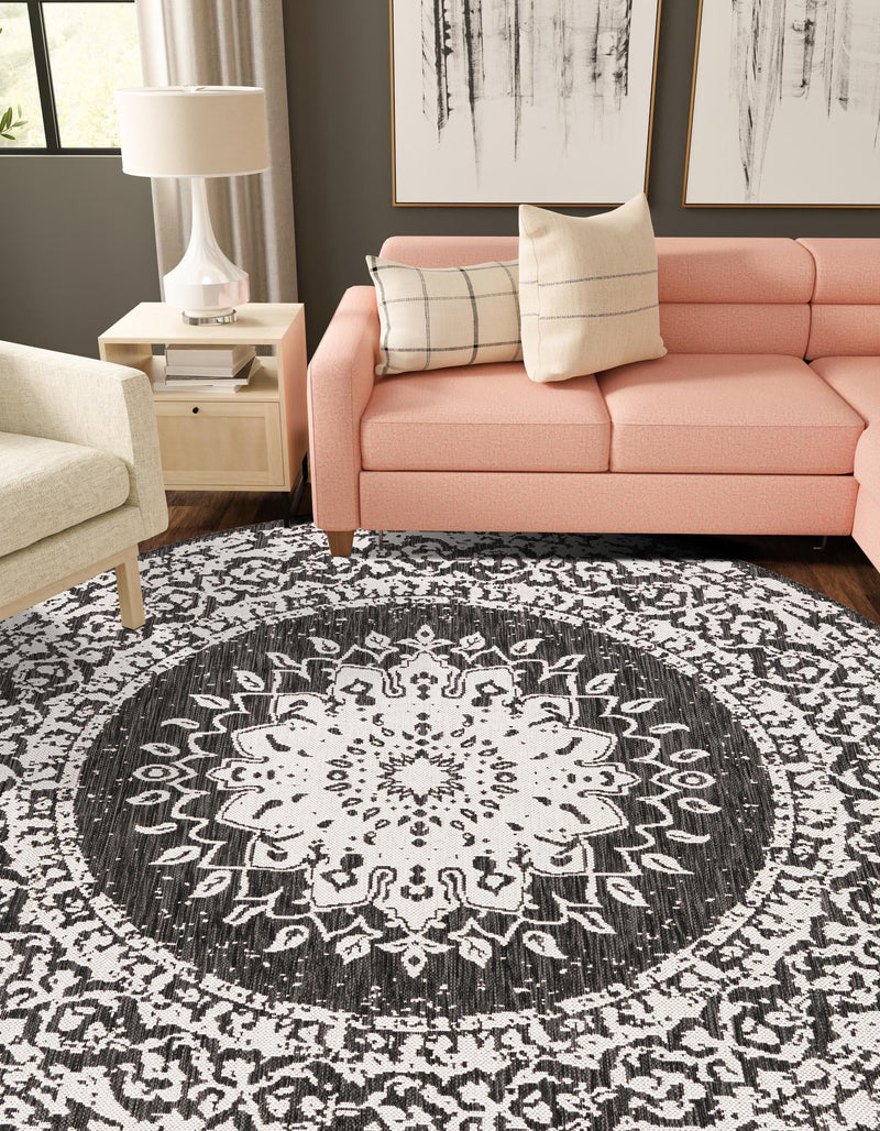 Patio Heritage Collection Area Rug -  Lafayette (Black and White) Round Black and White  lifestyle 15