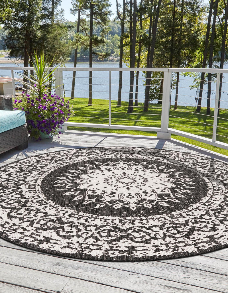 Patio Heritage Collection Area Rug -  Lafayette (Black and White) Round Black and White  lifestyle 30