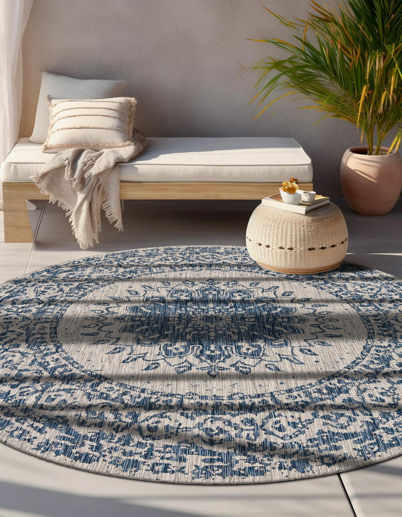 Patio Heritage Collection Area Rug -  Lafayette (Blue) Round Blue  lifestyle 24