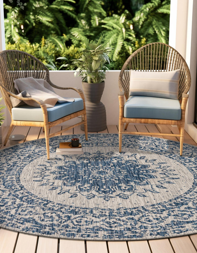 Patio Heritage Collection Area Rug -  Lafayette (Blue) Round Blue  lifestyle 30