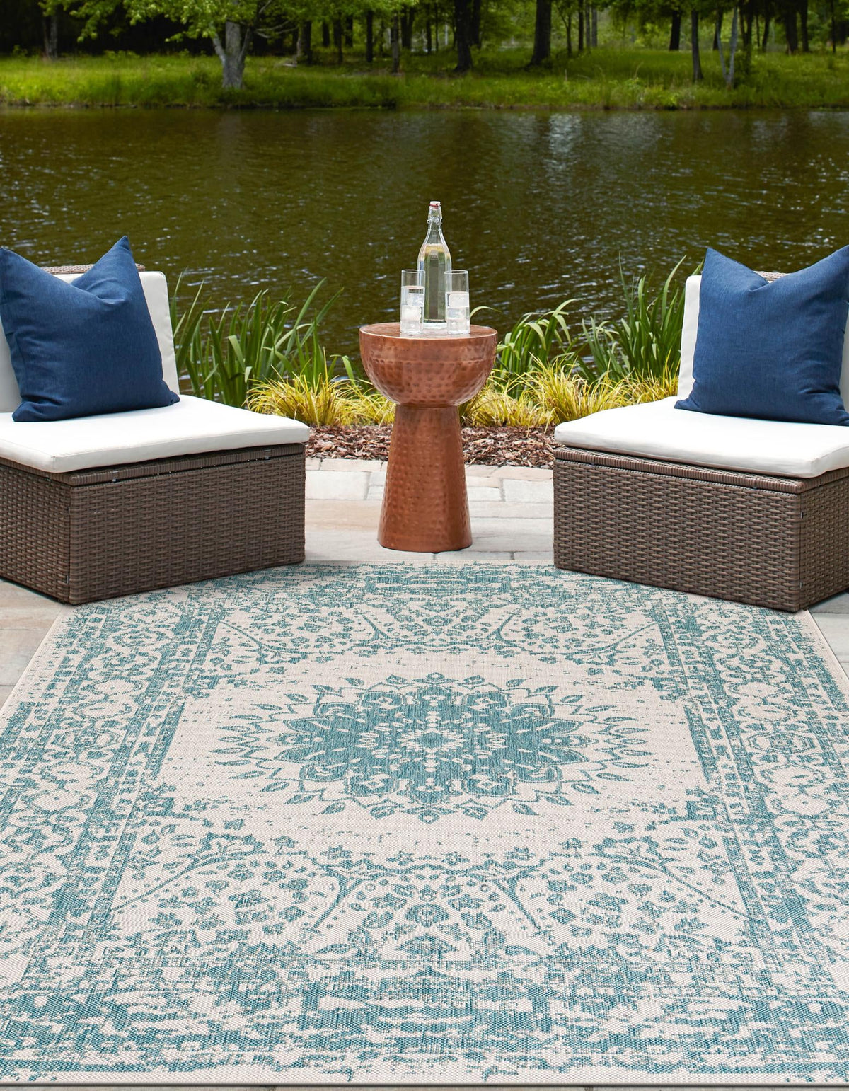 Patio Heritage Collection Area Rug -  Lafayette (Aqua) Rectangle Aqua  lifestyle 5