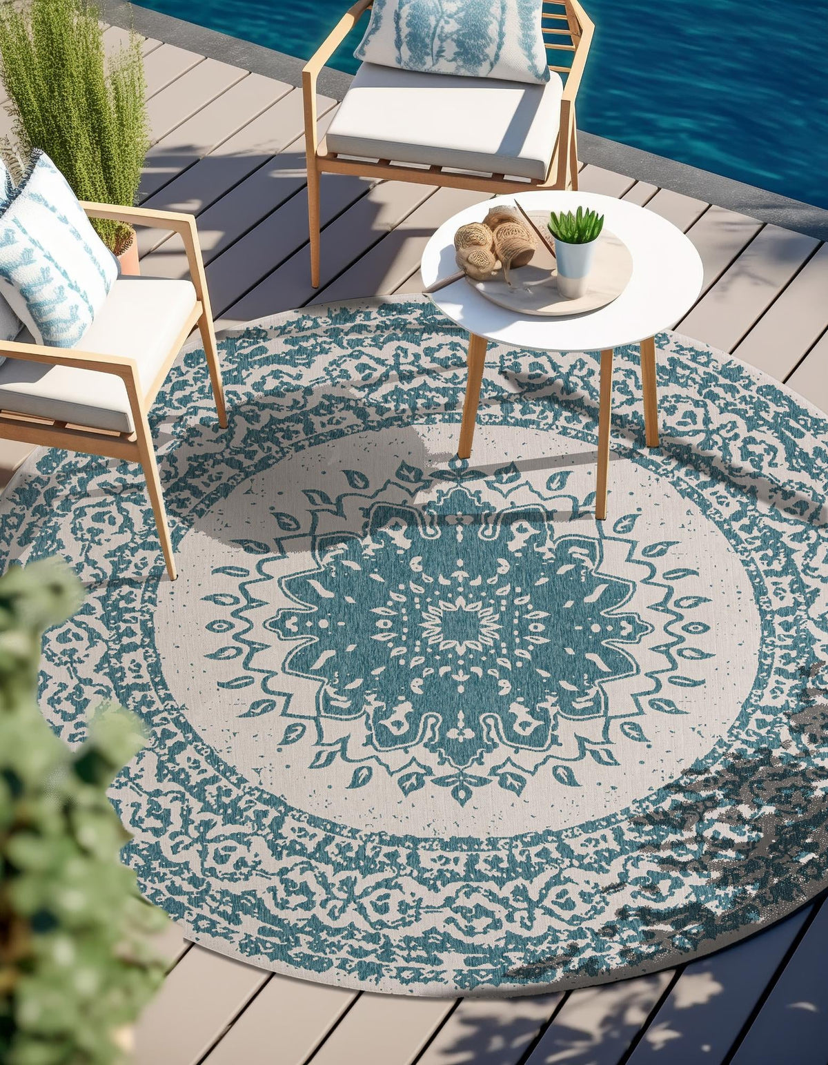 Patio Heritage Collection Area Rug -  Lafayette (Aqua) Round Aqua  lifestyle 12